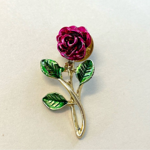 Vintage Single Rose Reddish Pink And Green Lapel Tack Pin Ballou Reg D Gold Tone - Picture 3 of 5
